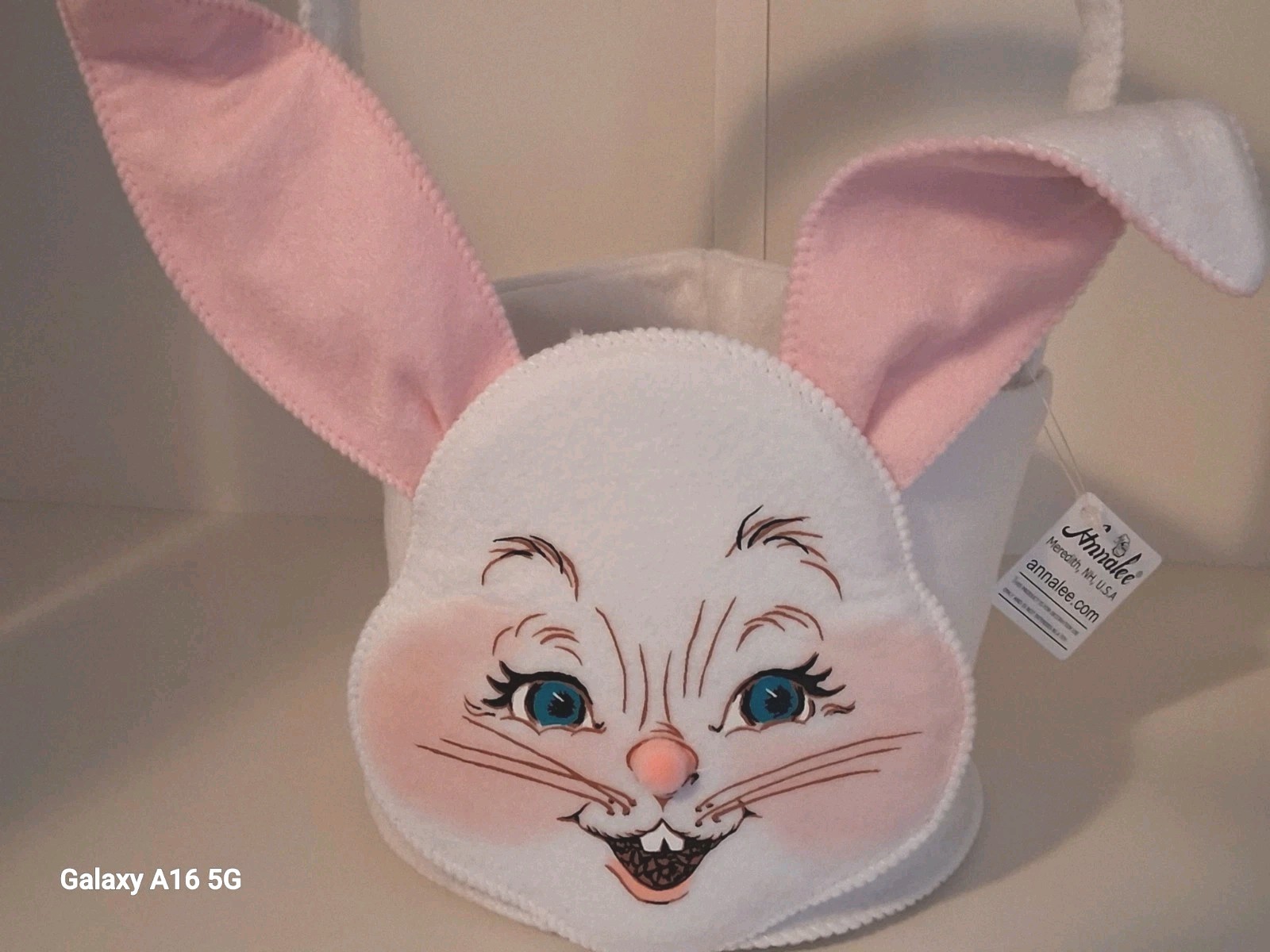 ANNALEE NEW 12in Easter Bunny Basket, White/Pink, posable ears with Handle 2026 ANNALEE NEW 12in Easter Bunny Basket, White/Pink, posable ears with Handle 2026