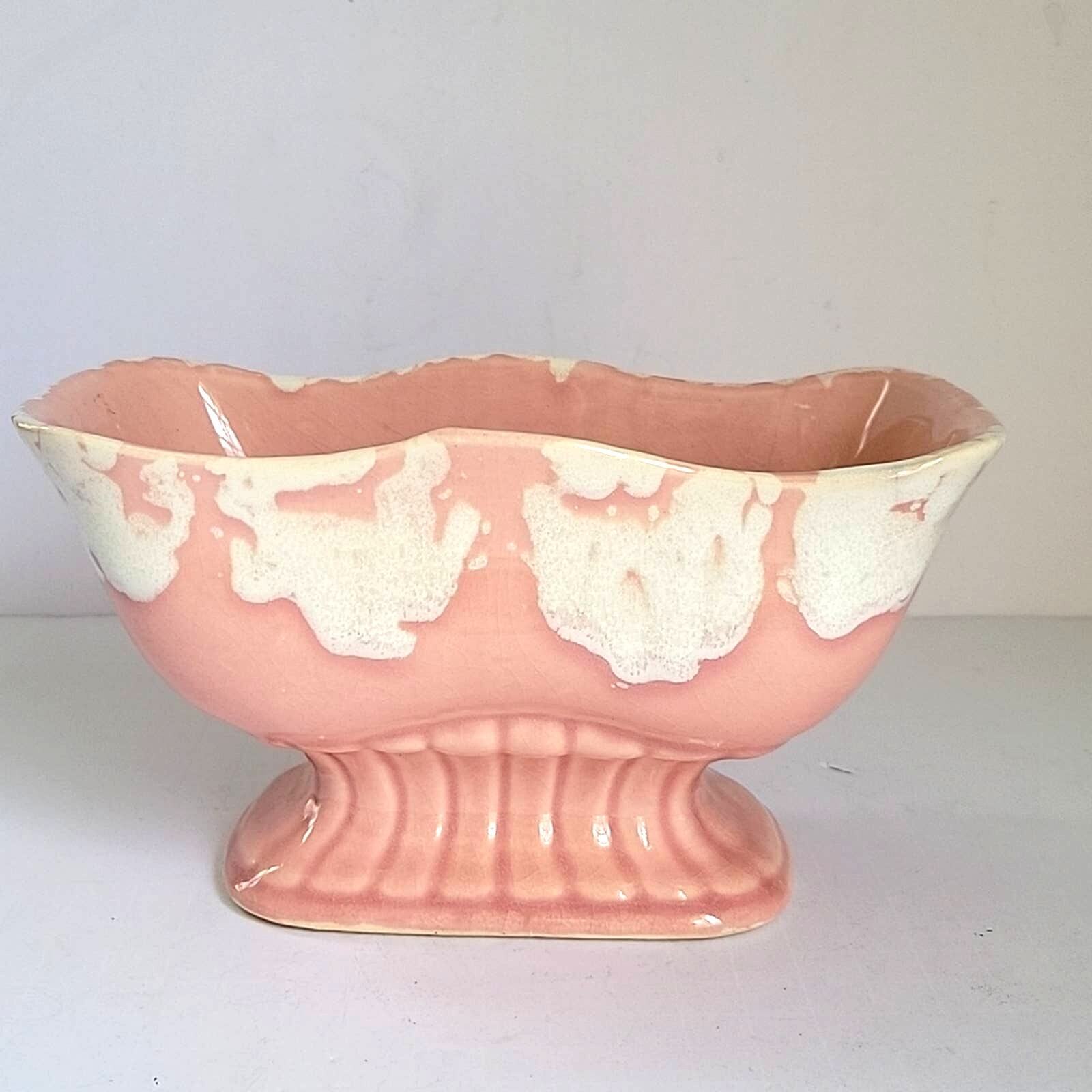 Vintage Brush Pottery Planter Pink White Drip Footed Cottagecore Mid Century 811