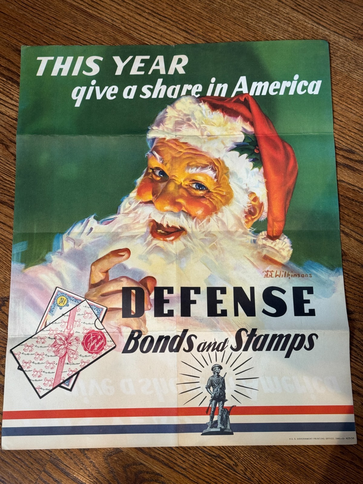 VINTAGE 1941 WWII Poster This Year Give a Share in America Defense Bonds Stamp