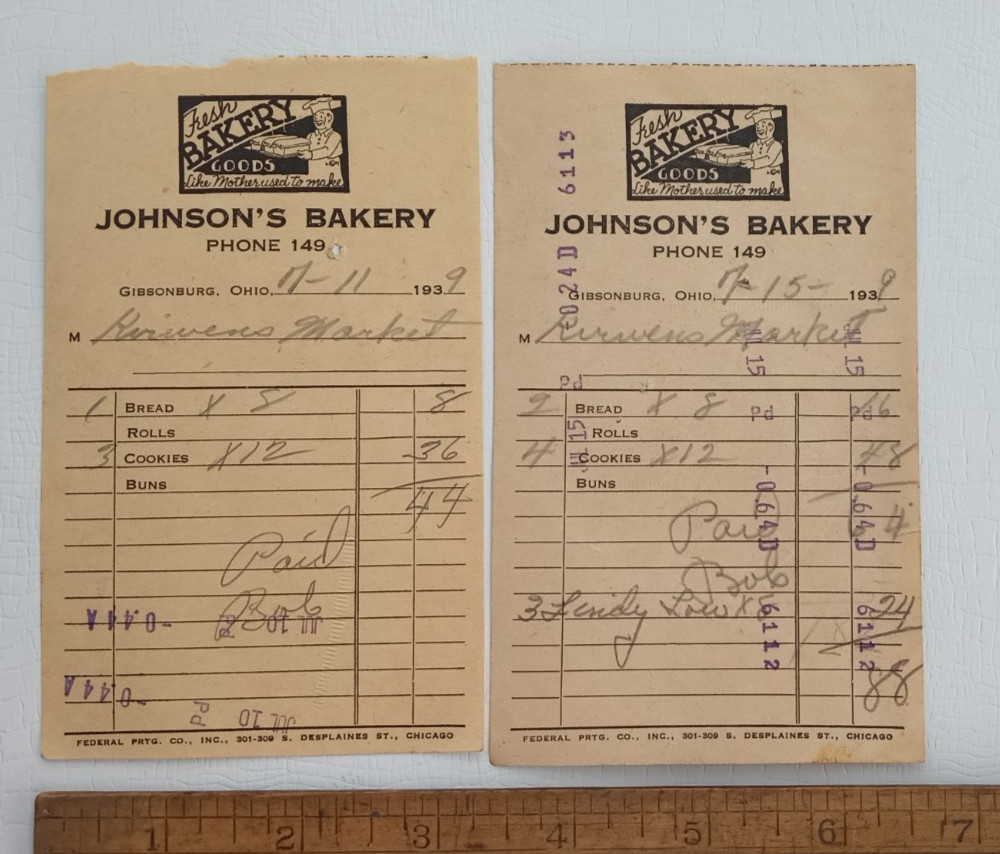 2 GIBSONBURG OHIO 1939 RECEIPTS JOHNSON\'S BAKERY BREAD COOKIES BUNS ROLLS