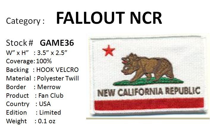 FALLOUT - NEW CALIFORNIA REPUBLIC FLAG - VEL-KRO PATCH - GAME36V