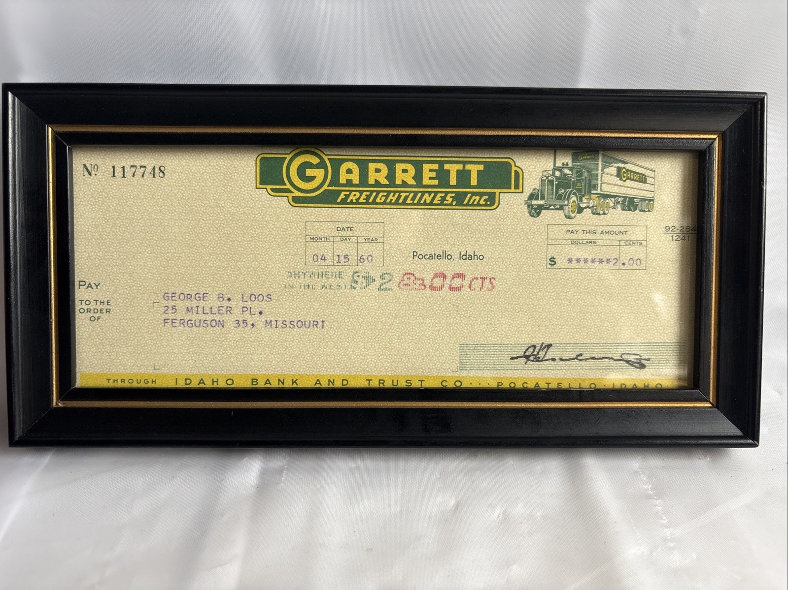 RARE 1960 Garrett Freightlines Inc. Trucking Framed Bank Check Dated 4/15/1960