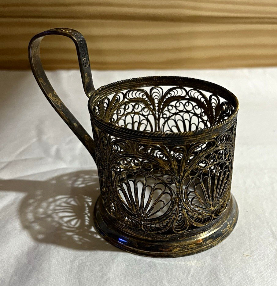 Vintage USSR Soviet Russian Filigree Podstakannik Tea Glass Holder Gilt Silvered