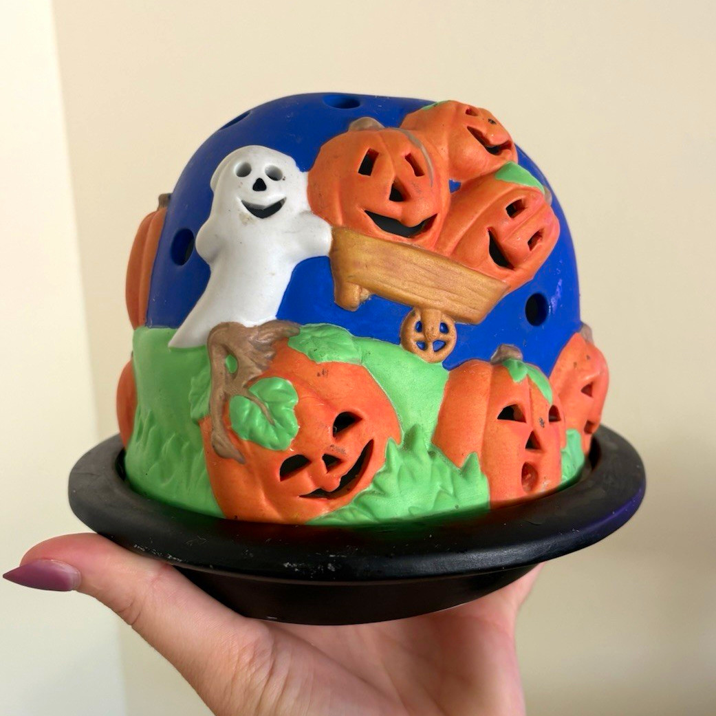 90s Vintage Halloween Ceramic Luminary Pumpkin Ghost Painted