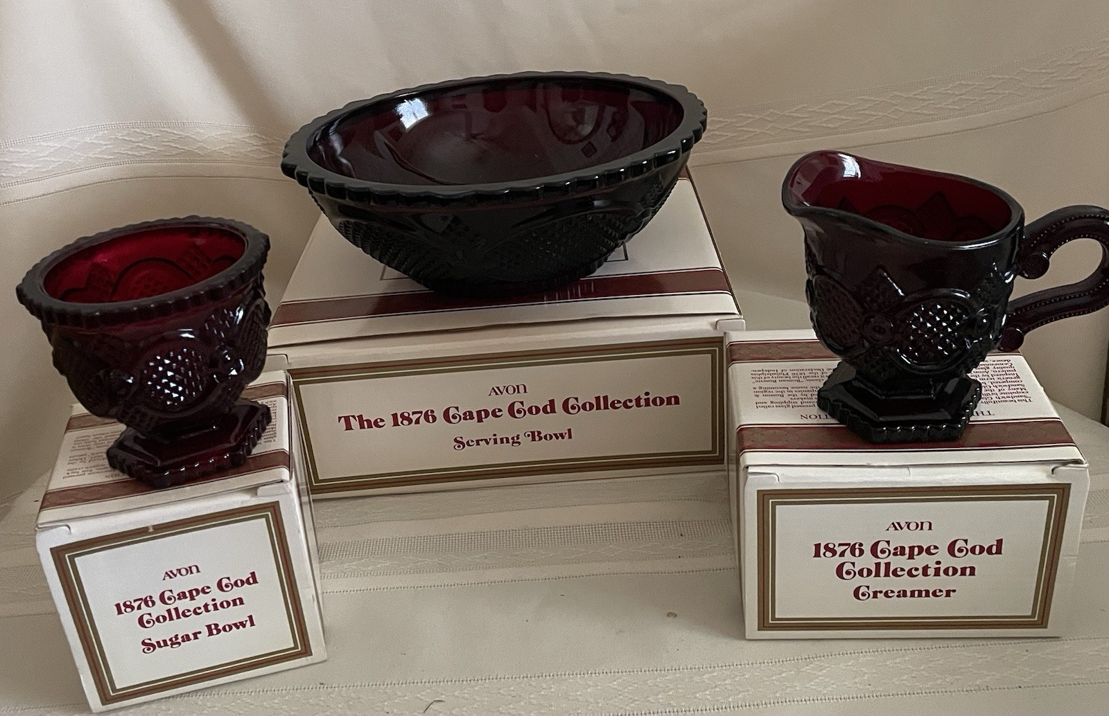 Set Of Avon Ruby Red Cape Cod Serving Bowl, Sugar Bowl And Creamer