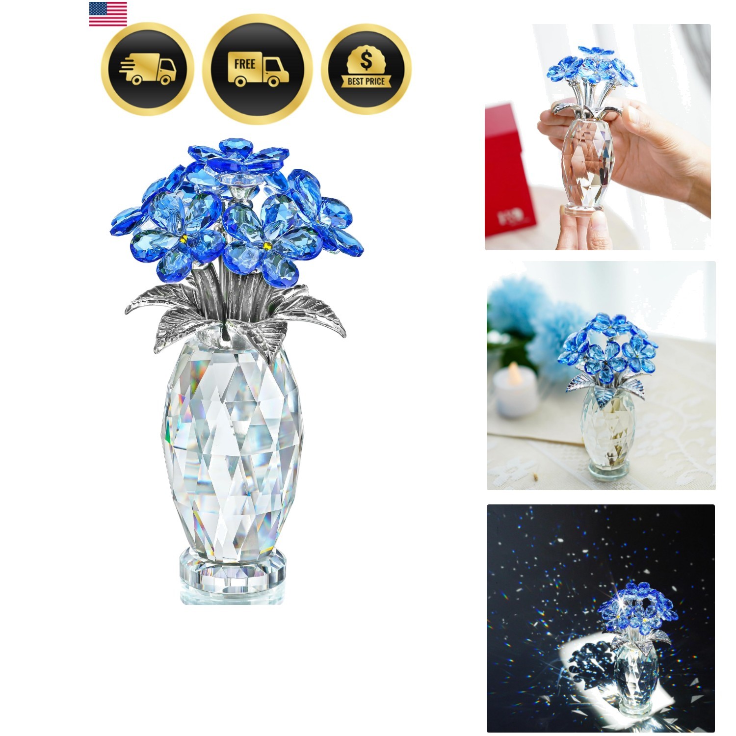 Blue Crystal Glass Forget Me Not Flower Figurine Table Centerpiece Decor