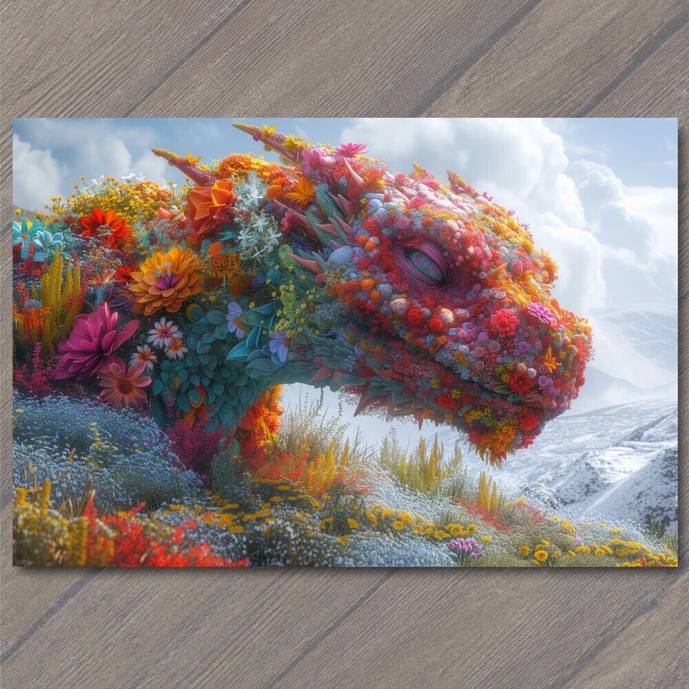 POSTCARD Dragon Covered Flowers Cute Colorful Unreal Strange Fun Unusual Bright