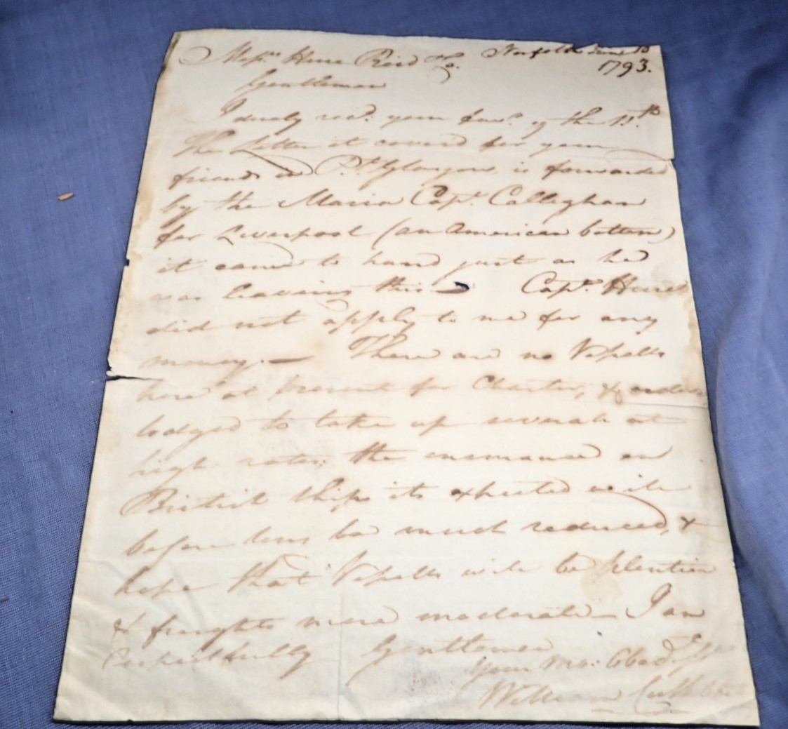 1793 Norfolk VA Shipping Letter William Lindsay Customs Collector British Ships 1793 Norfolk VA Shipping Letter William Lindsay Customs Collector British Ships