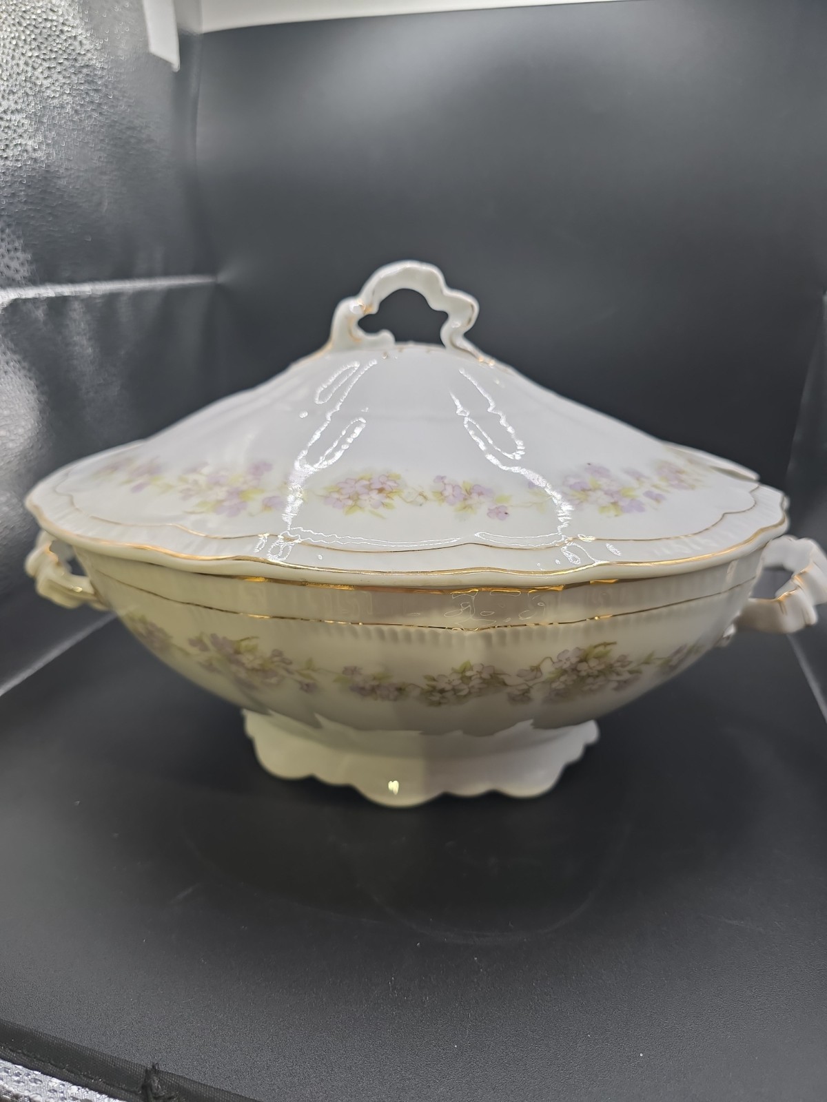 Antique Haviland Limoge France Large Porcelain Tureen  Lilac Floral /Gold Trim