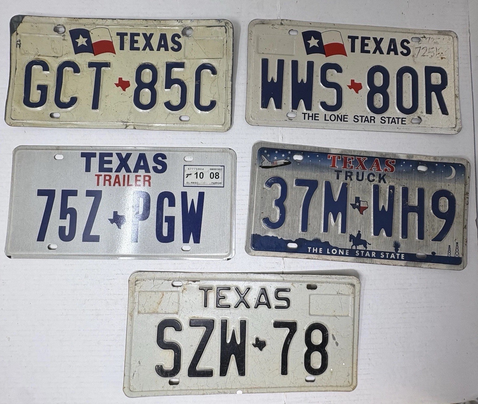 VTG 2000s 5 Texas License Plates Car Truck Trailer GCT85C WWS80R 37MWH9 SZW78 VTG 2000s 5 Texas License Plates Car Truck Trailer GCT85C WWS80R 37MWH9 SZW78