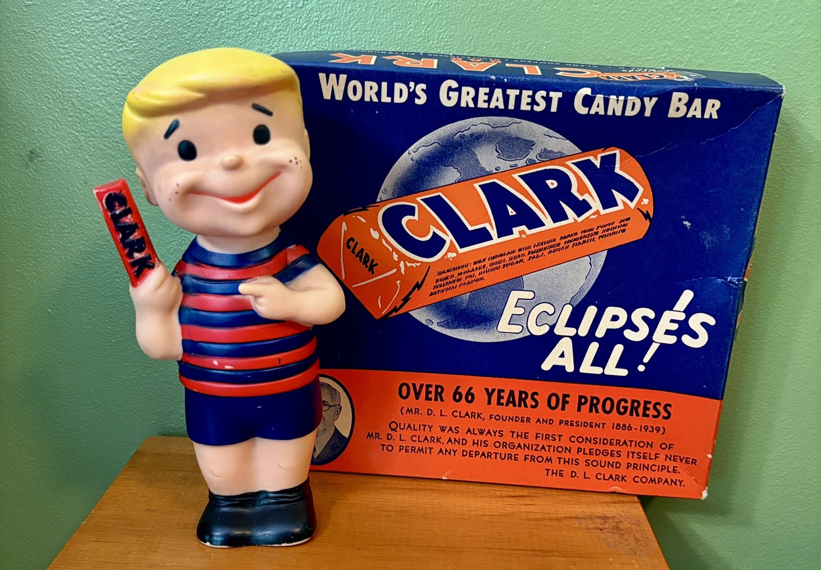 Vintage Clark Candy Bar Boy Vinyl Advertising Figure AND vintage Clark Box 