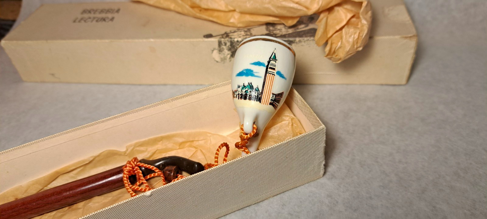 Vintage Porcelain Souvenir Tobacco Pipe Venezia Venice Italy Wooden Stem Boxed