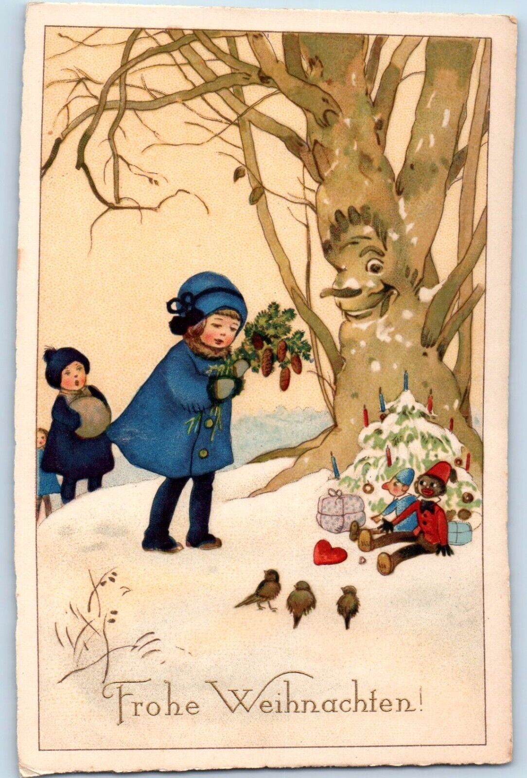 Christmas Postcard Children Pinecone Toys Birds Winter Scene c1910's Antique