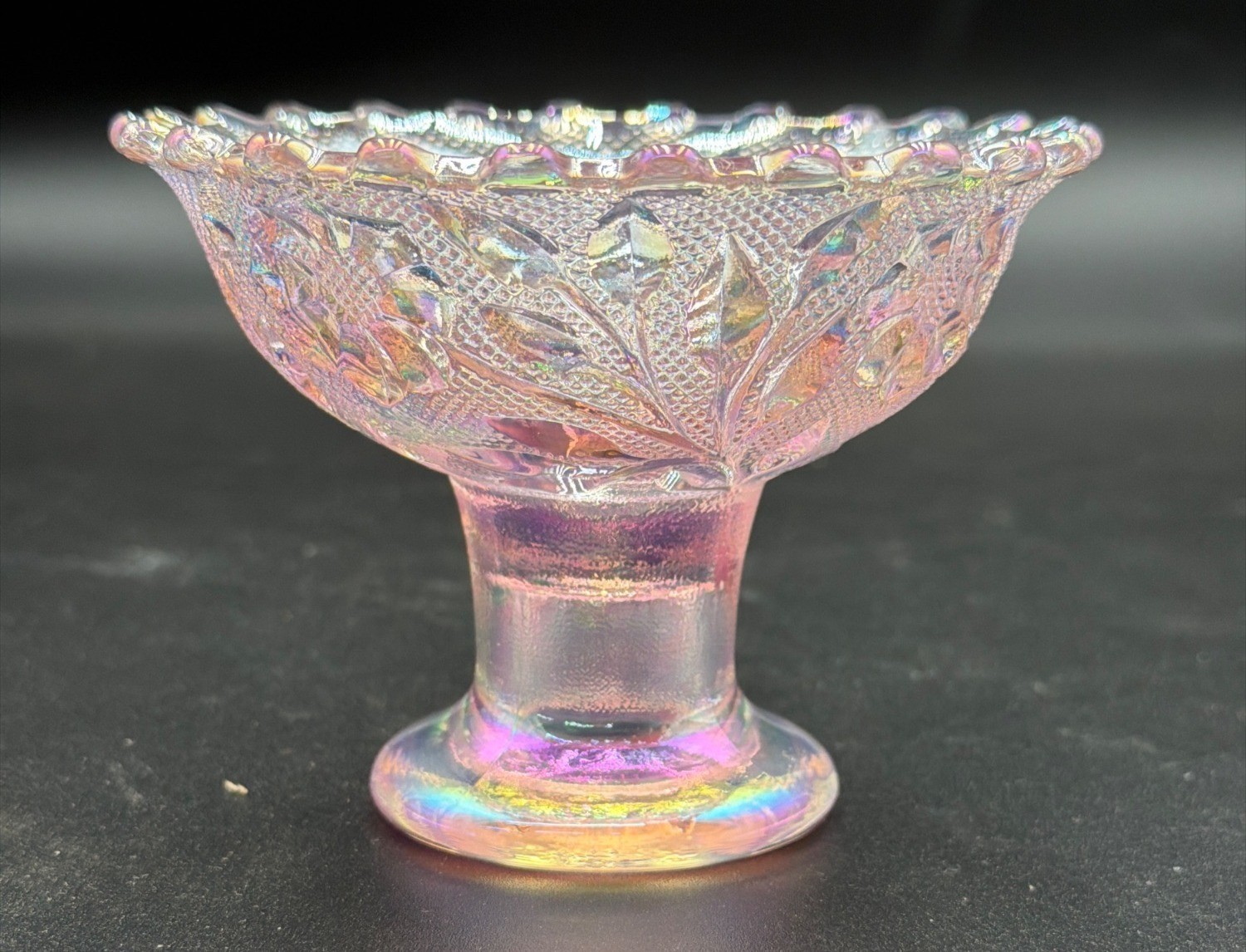 Vintage Pink Carnival Glass Pedestal Open Salt Nut Dish Leaf Vine Patternnt