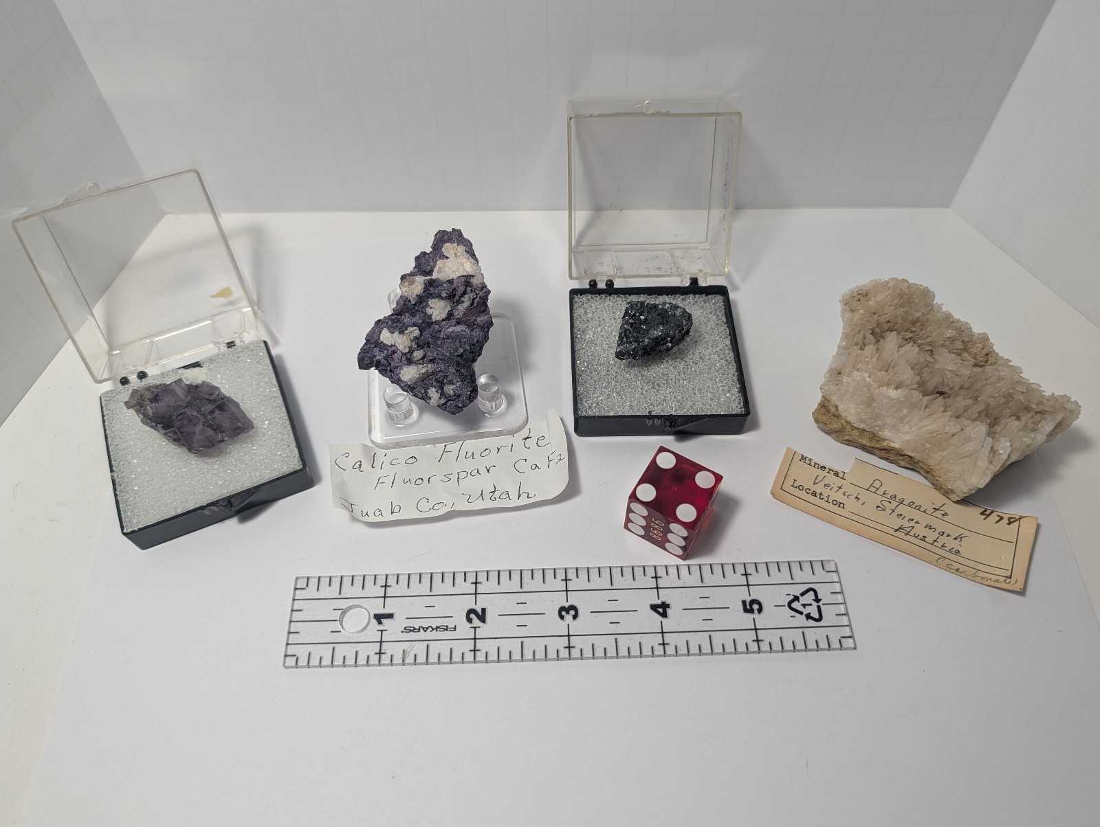 Vintage Mineral Specimen Lot 4pc UK Purple Fluorite Austrian Aragonite Labels