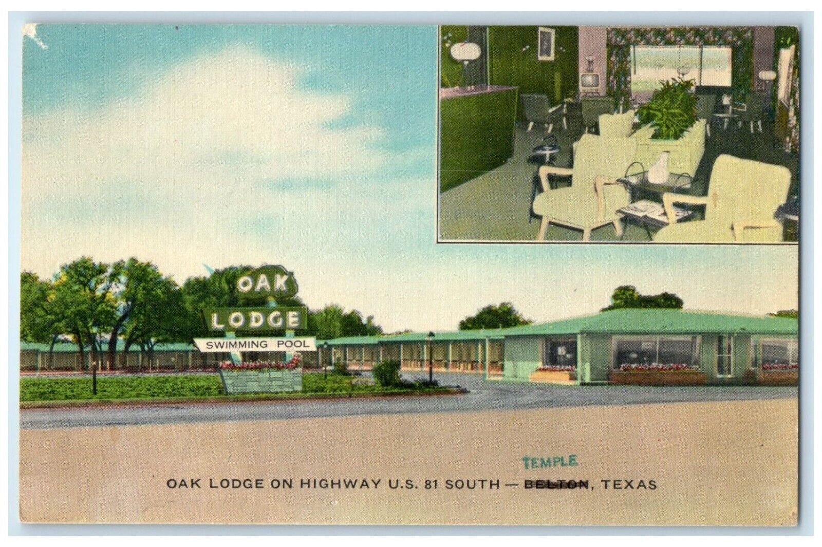 c1950's Oak Lodge On Highway Roadside Temple Texas TX Unposted Vintage Postcard