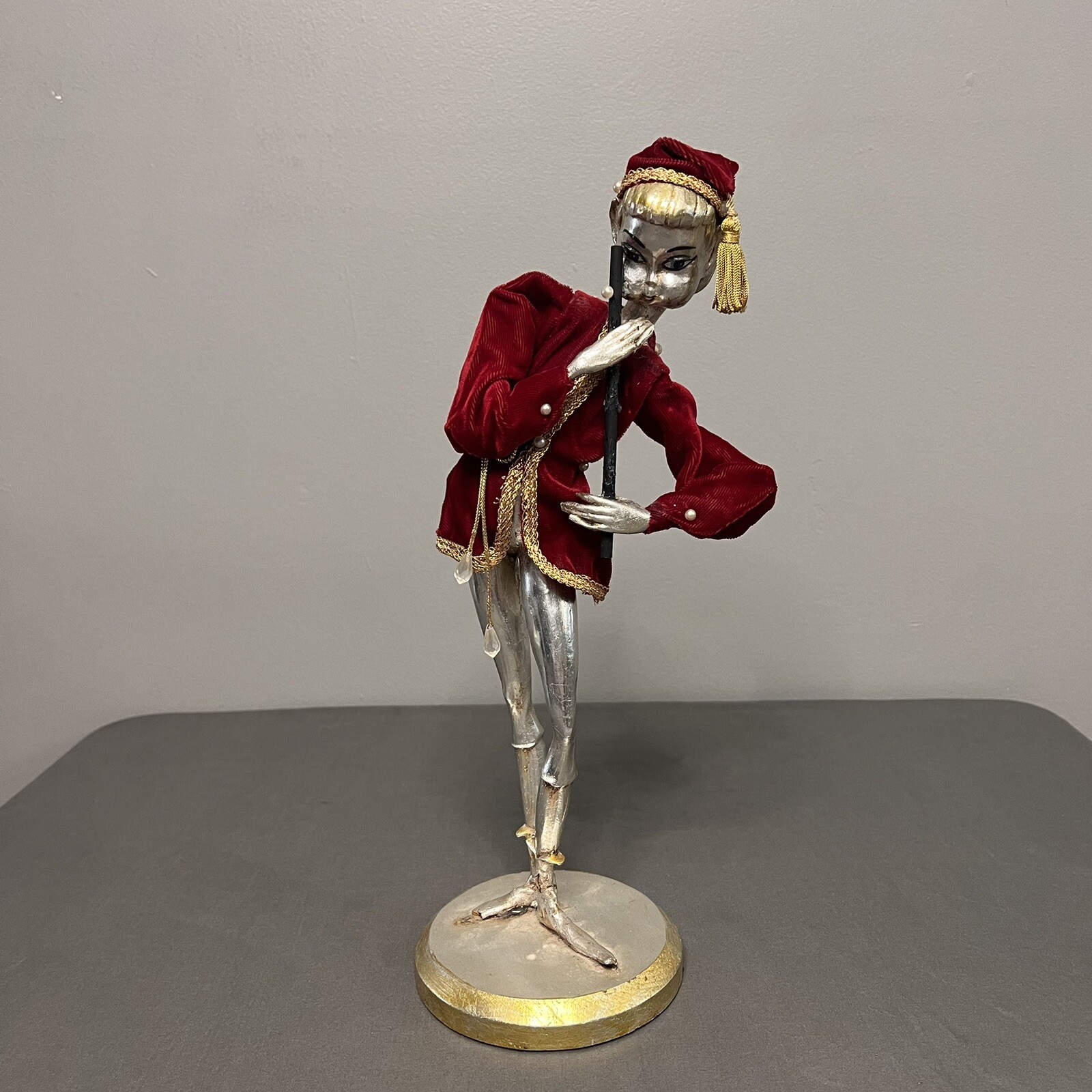 MCM VTG 1950-1960s Wooden Flute Playing Silver Pixie/Elf 5.5x16” Holiday