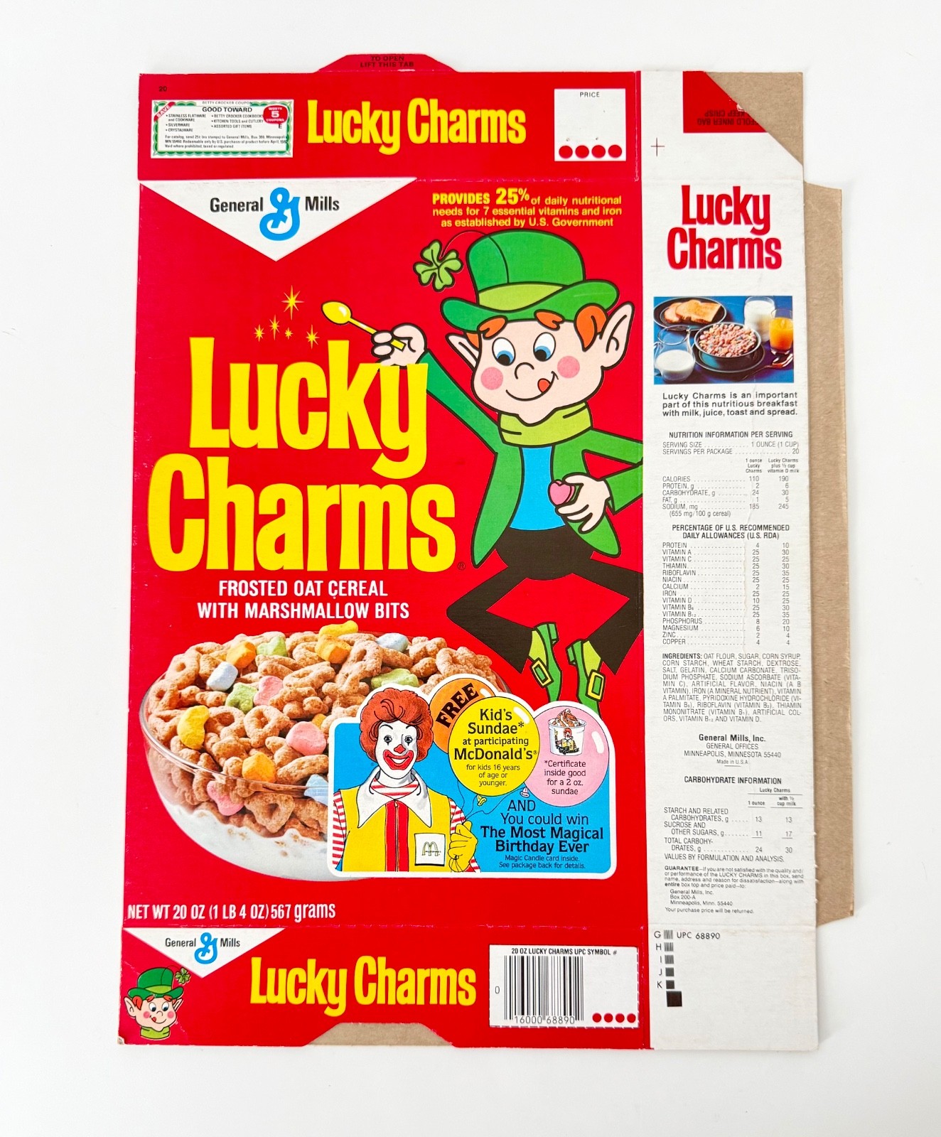 Vintage 1983 General Mills Lucky Charms Cereal Box McDonalds Restaurant Birthday