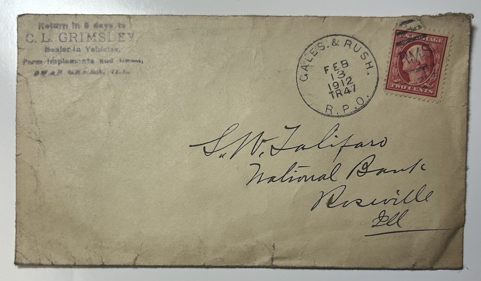 C. L. Grimsley Swan Creek, Illinois Antique Envelope, 1912 C. L. Grimsley Swan Creek, Illinois Antique Envelope, 1912
