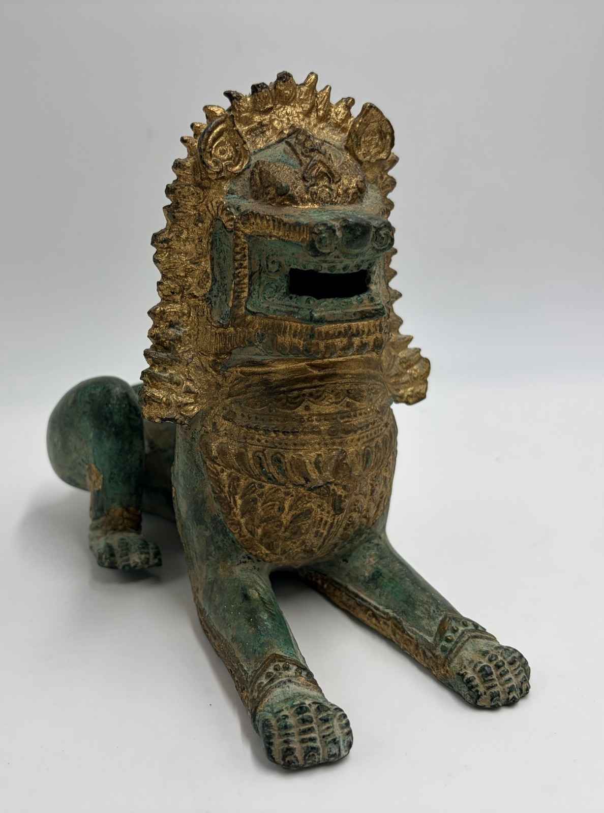 VTG Thai Khmer Singha Bronze Temple Guardian Lion Foo Dog Statue Gold Patina