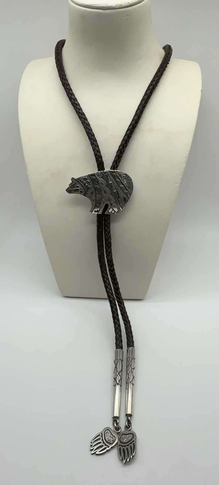Alton Bedonie Navajo Native American Sterling Silver Bear Bolo Tie 78.1g #o1