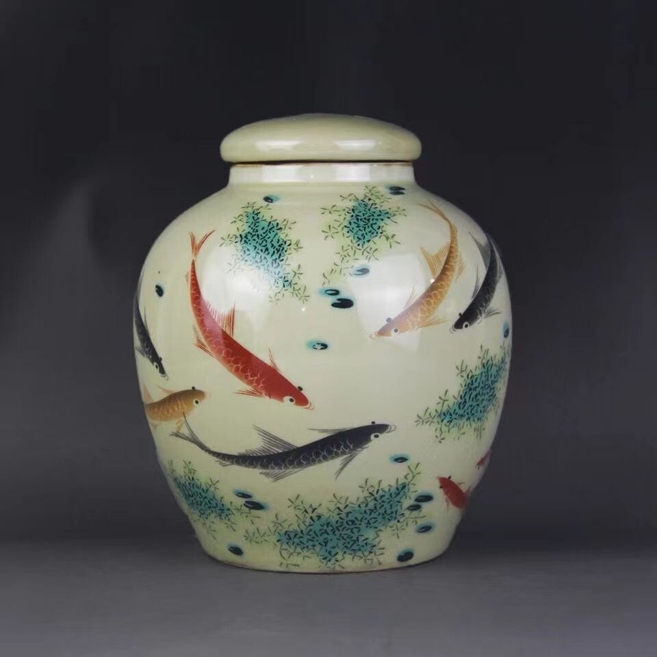 Vintage Famille Rose Porcelain Tea Caddy Pot Five-flavored Fish