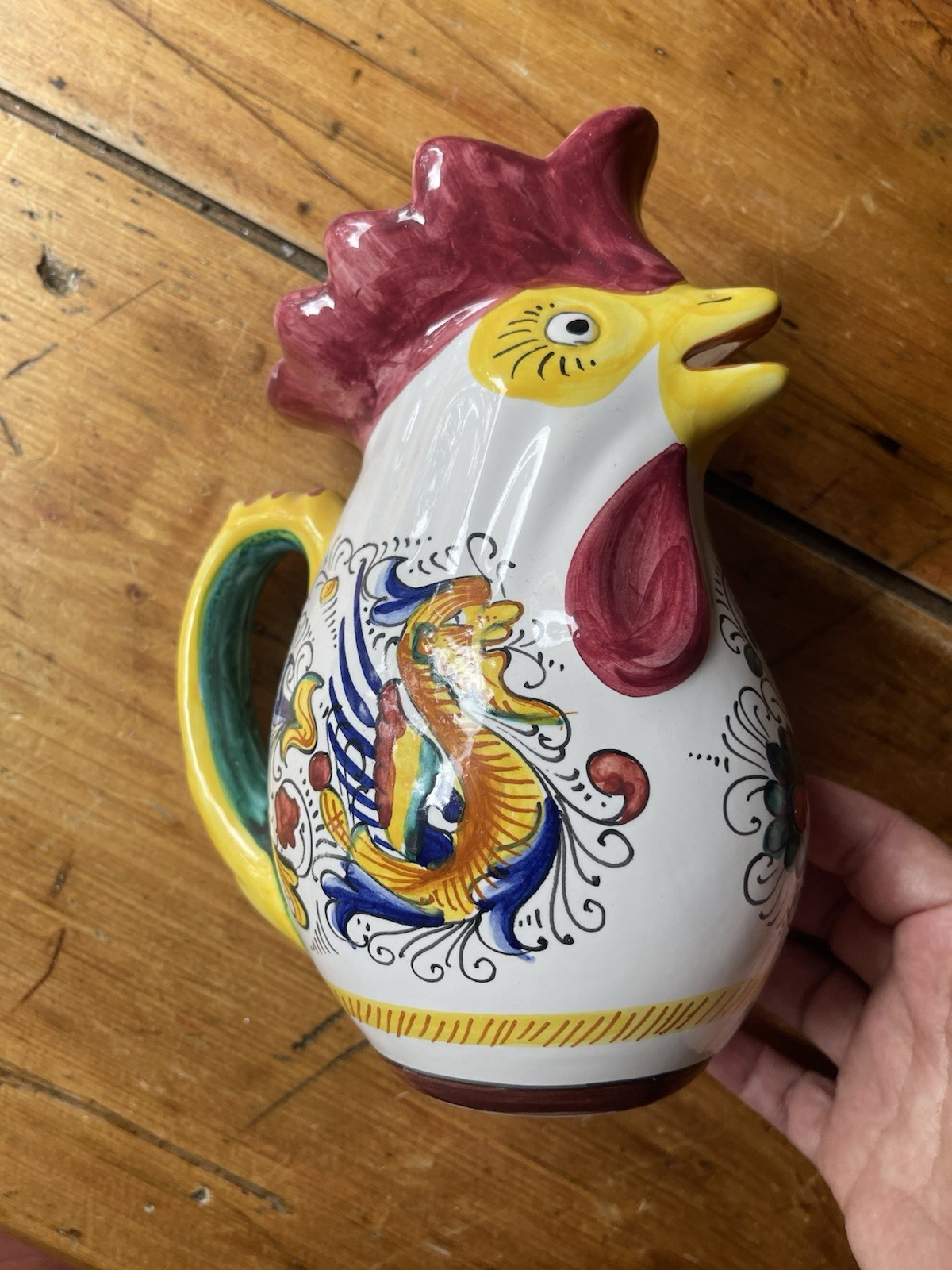 Vintage Deruta Raffaellesco Majolica Hand Painted Rooster Pitcher w/Handle Italy
