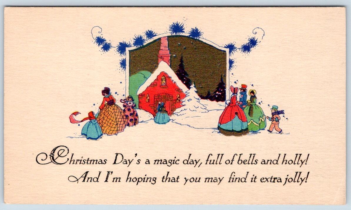 1920-30\'s ONE SIDED CHRISTMAS CARD LADIES FANCY DRESSES GATHER AT CHURCH
