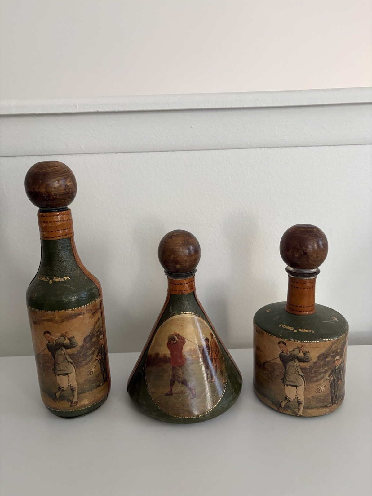 Vintage Fausto Corduri Italian Leather Golf Barware Green Decanter Set of 3