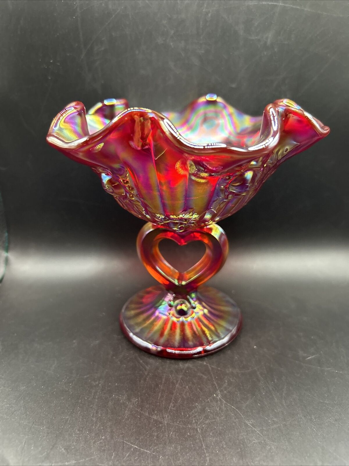 Vintage Fenton Carnival Iridescent Glass Candy Dish Ruby Red Ruffled. DWK Glows