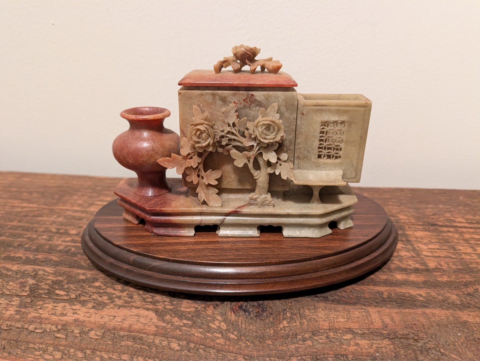 Vintage Carved Soapstone Floral Panel & Vase Sculpture on Wood Stand 7\