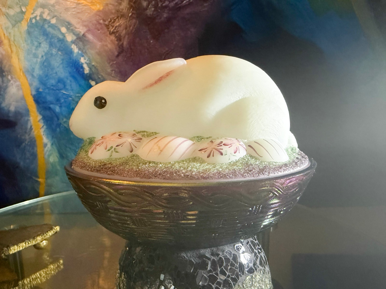 Vintage Fenton Hand-Painted Glass Rabbit with Iridescent Basket-Weave Base