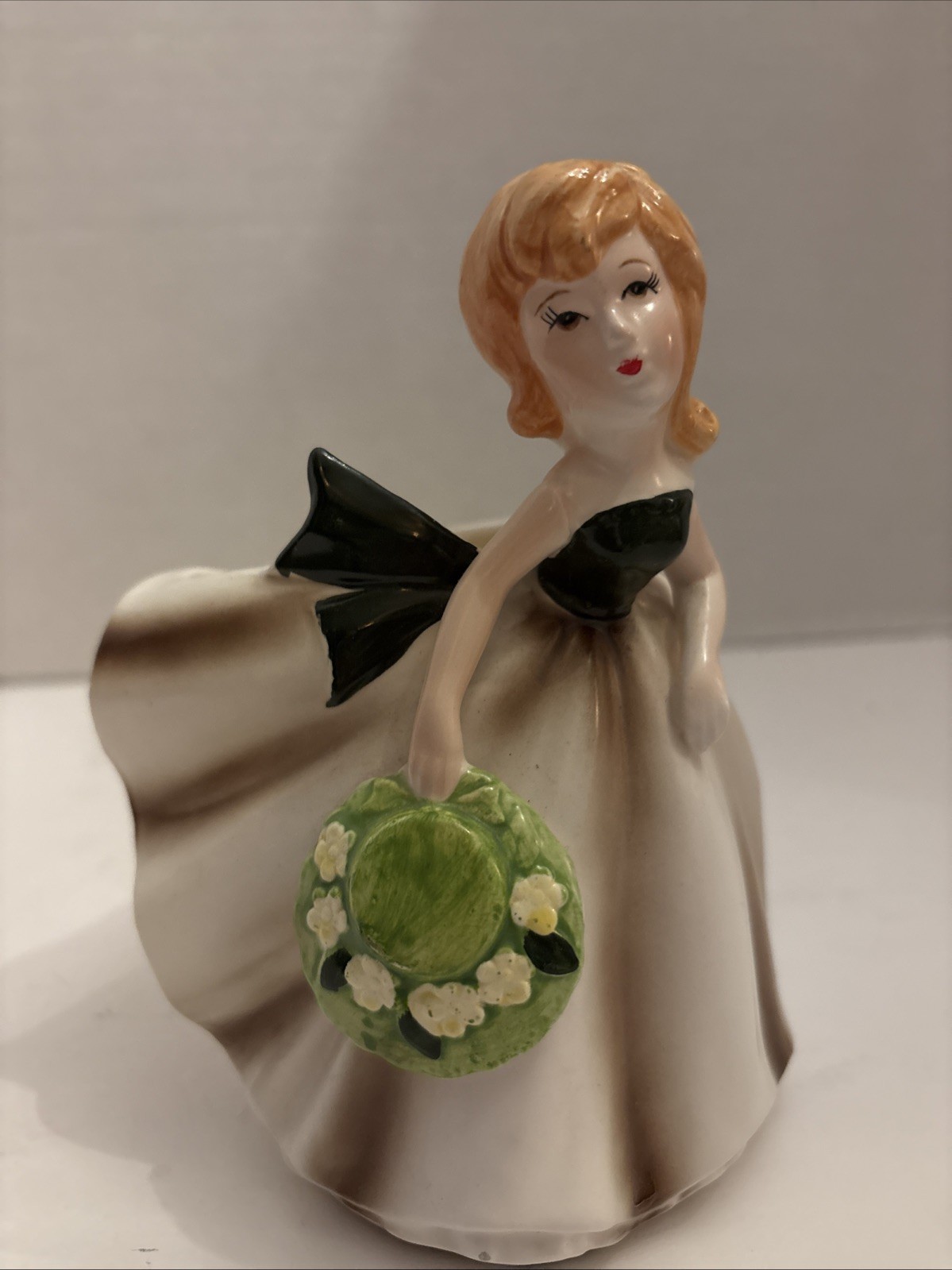 Vintage Relpo Girl Planter Green Hat Ruffled Dress # 5878