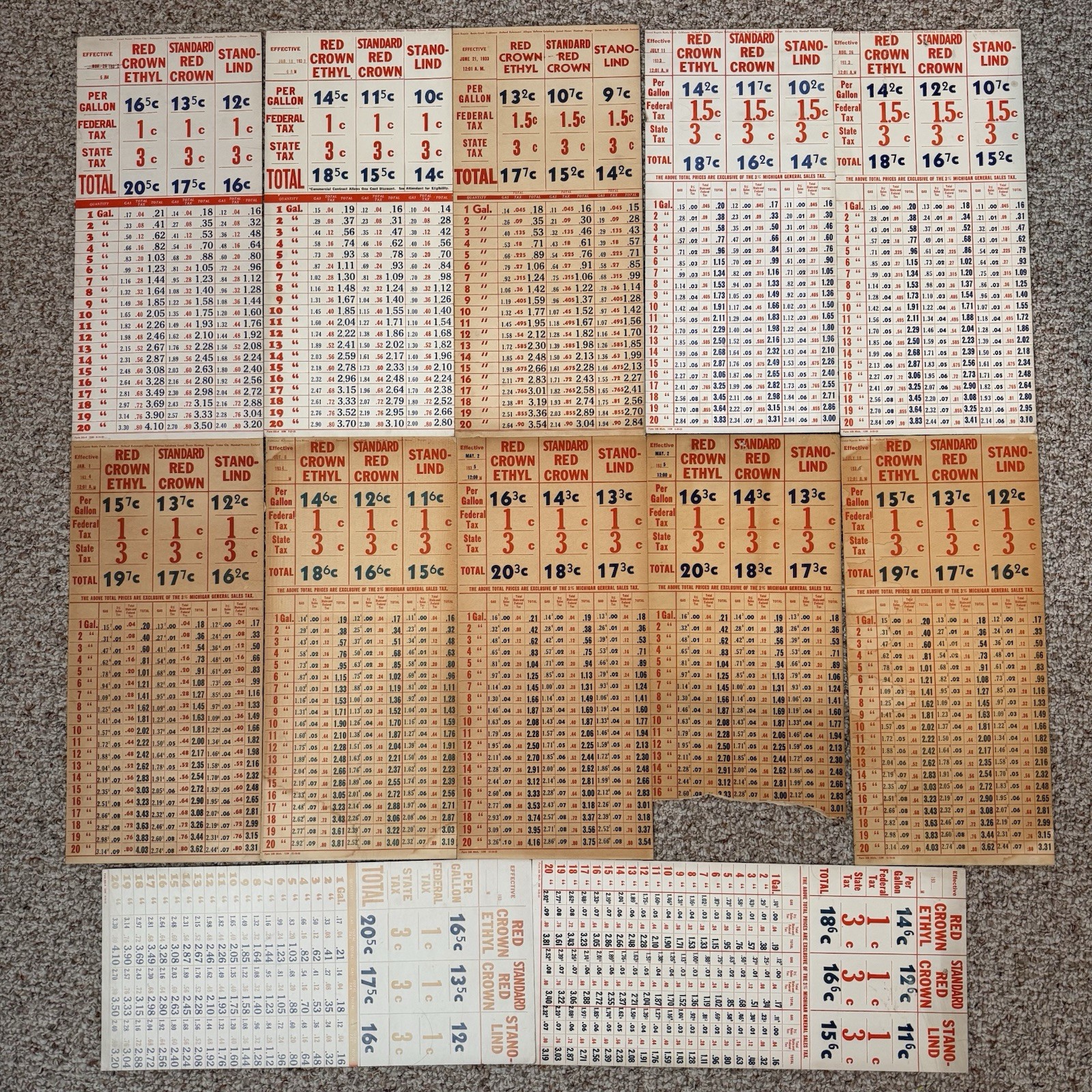 Lot of 12 Vintage 1930s Gasoline Price Cards Michigan Red Crown Service Station