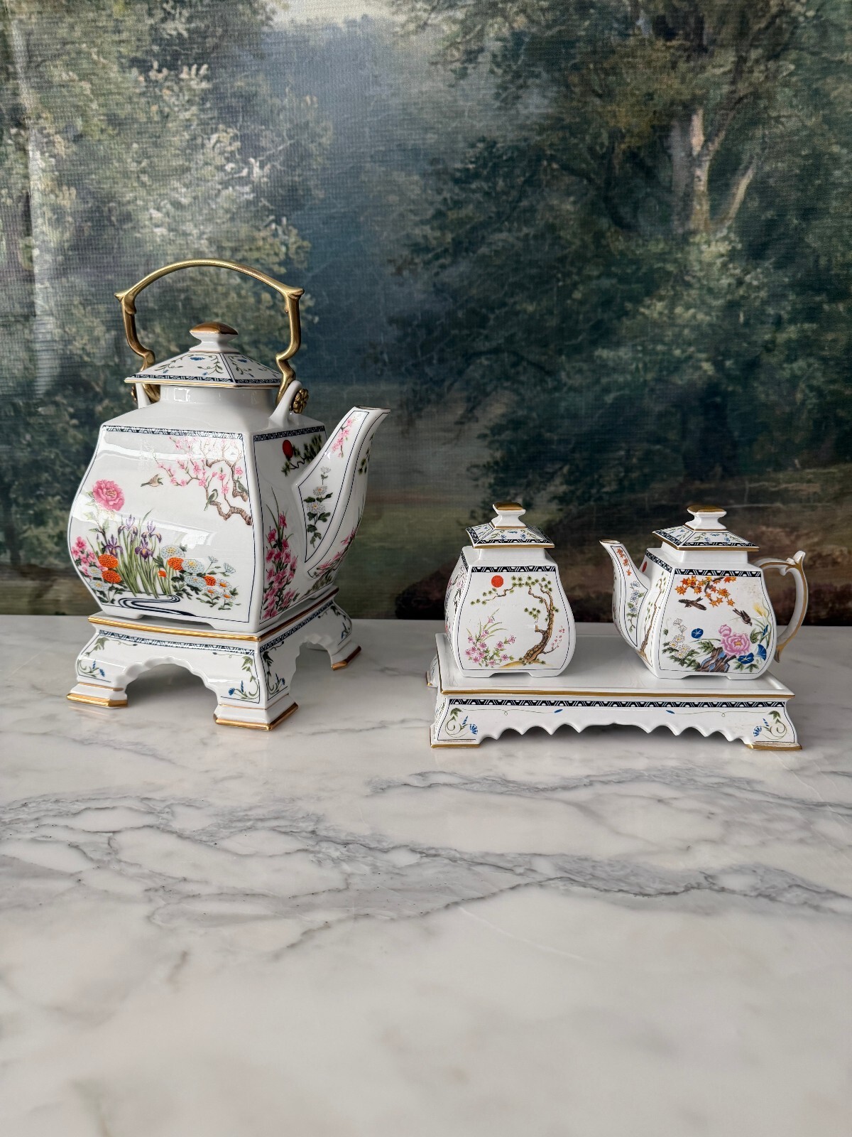 Vintage Floral Porcelain Tea Set with Gold Tone Handles