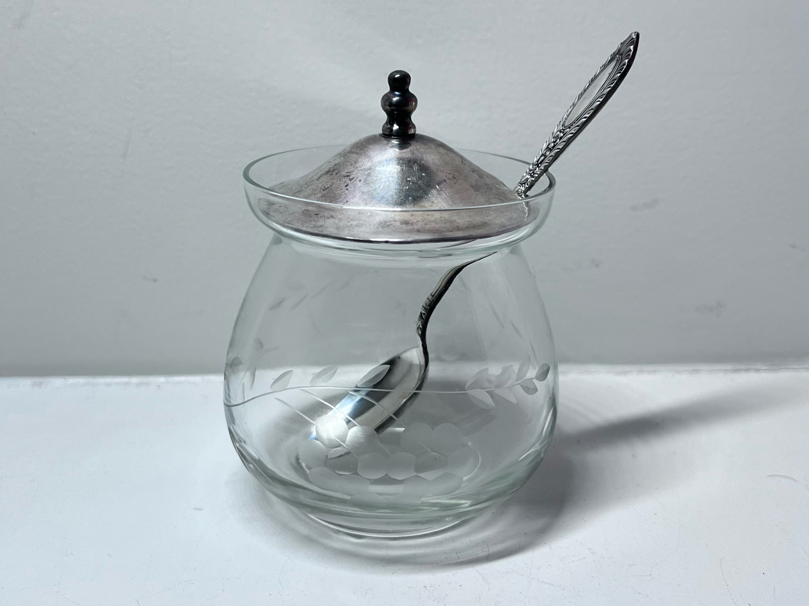Etched Glass Jar with Sterling Silver Lid and Spoon