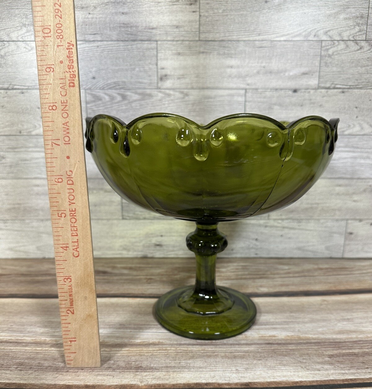 Vintage Indiana Glass Avocado Green Pedestal Teardrop Compote 8\