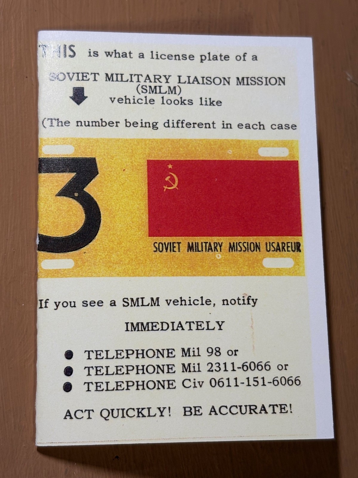 Cold War USAEUR SMLM (Soviet Military Liaison Mission) Card