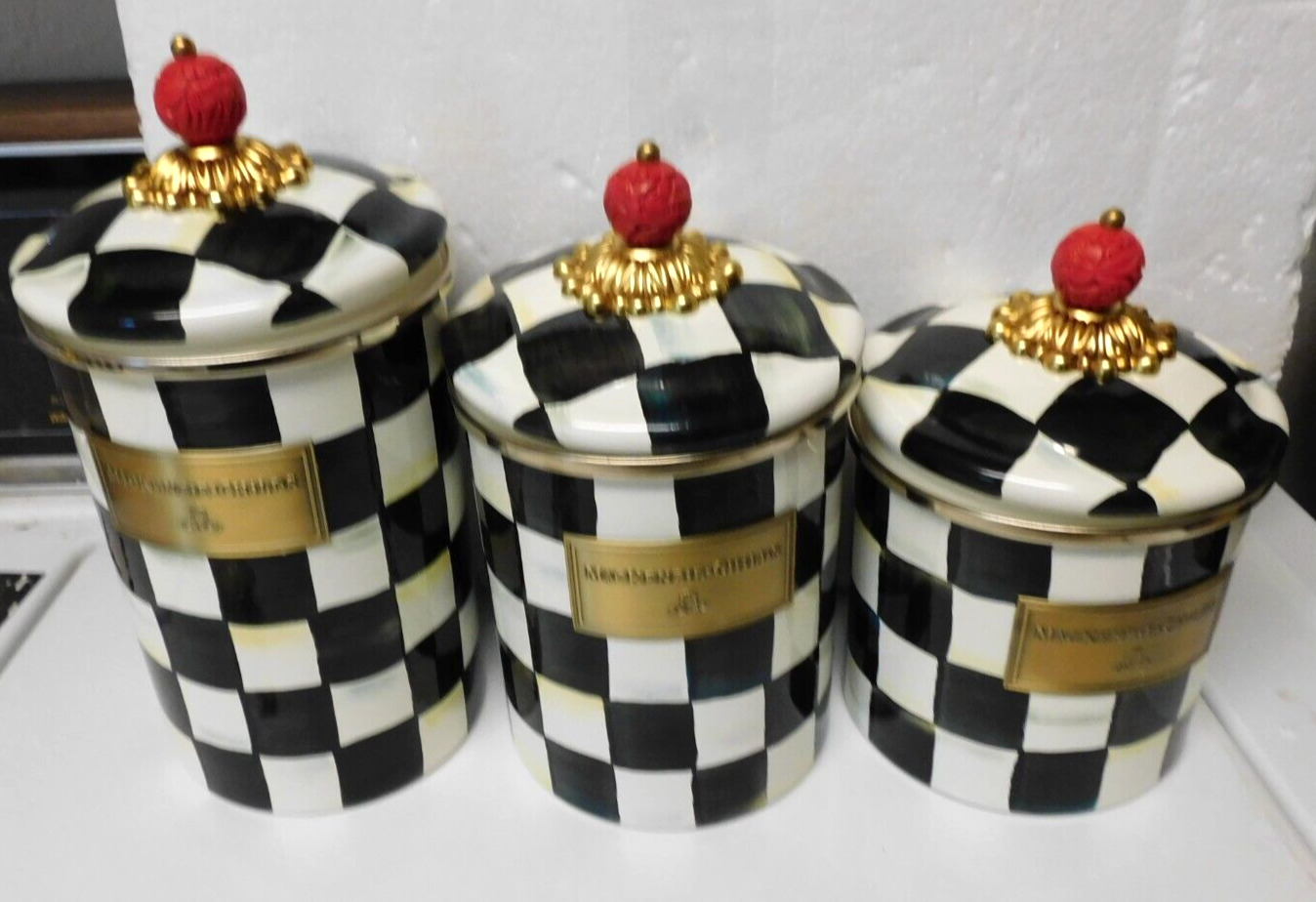 MACKENZIE-CHILD\'S COURTLY CHECK HAND PAINTED, 3 PIECE CANISTER SET,NEW