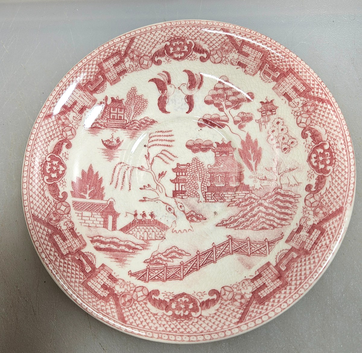 Vintage Pink Red Willow Saucer Plate Japan Wreath Mark Transferware 5.5 In Ceram