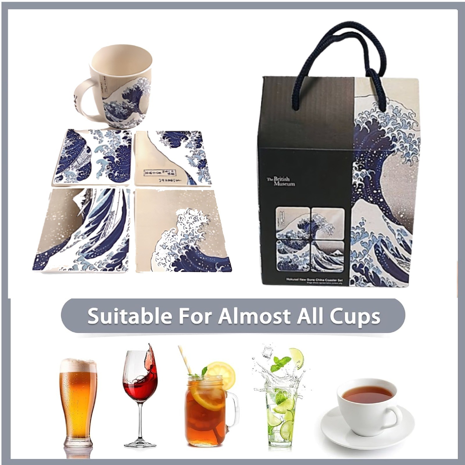 MVL British Museum Hokusai The Great Wave Off Kanagawa Coaster Set of 4 with Art