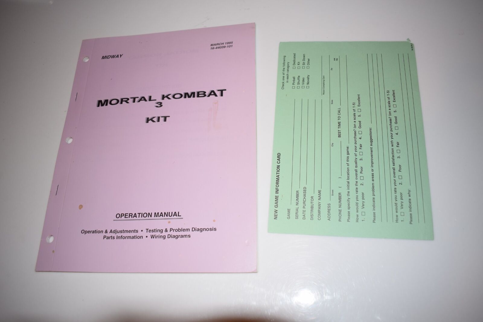 WILLIAMS MORTAL KOMBAT 3 OPERATION MANUAL 16-44039-101 MARCH 1995 (BOOK794)
