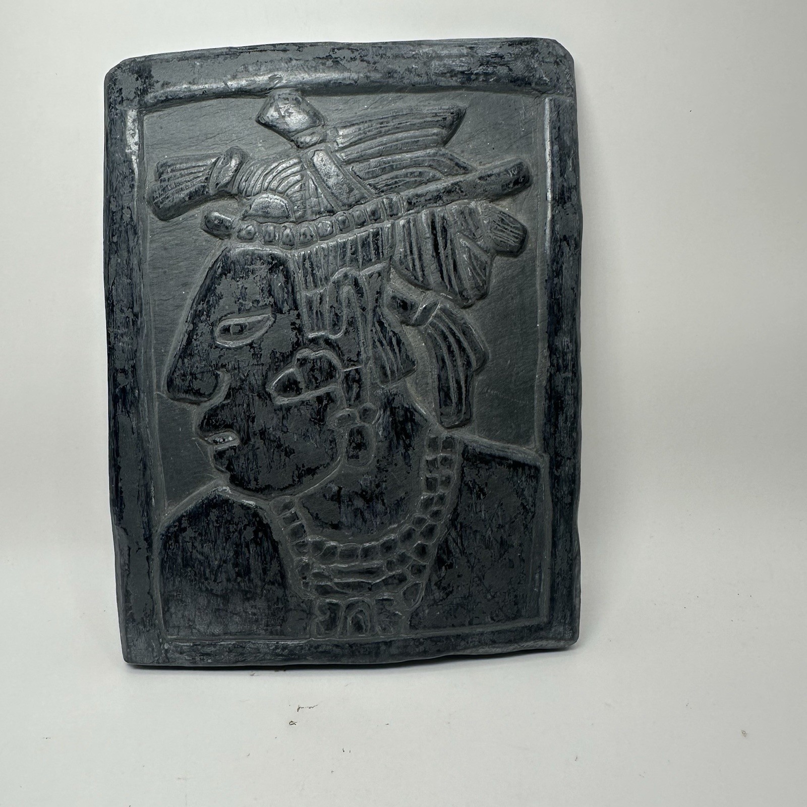 Vintage Hand Carved Slate Plaque Mayan Relief Scene Saying on Back 6