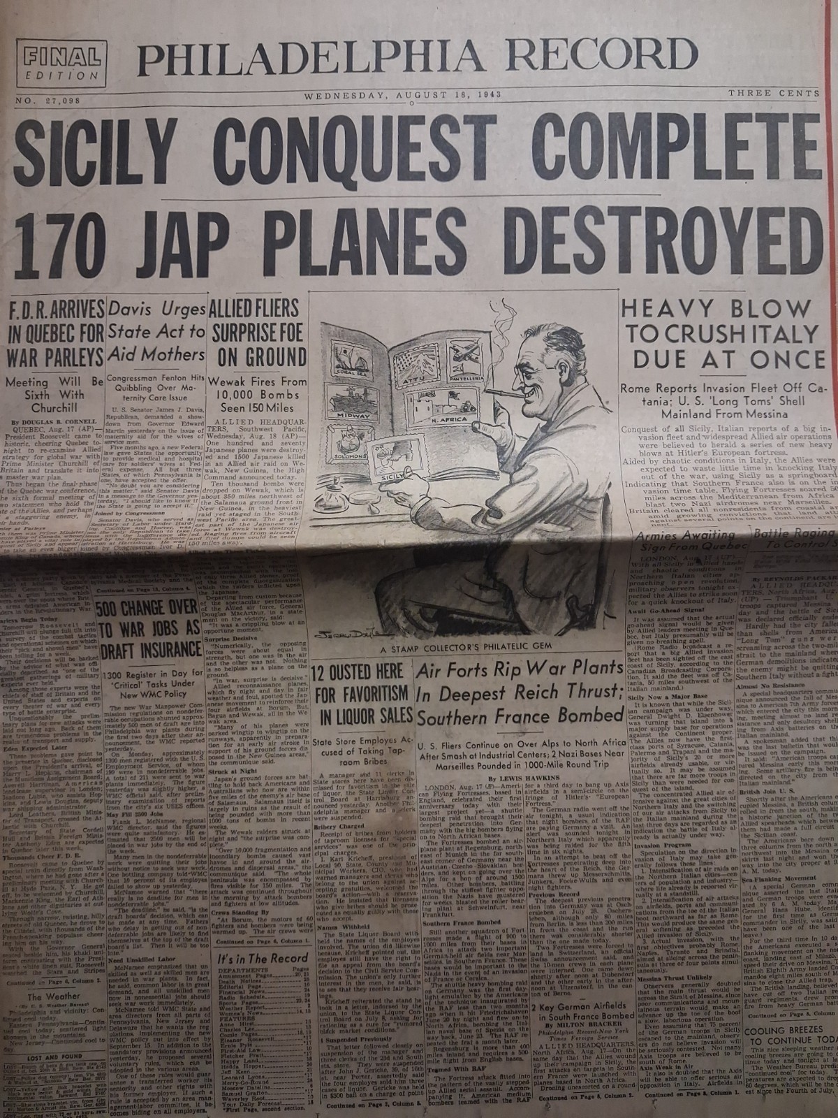 1943 PHILADELPHIA RECORD Aug 18 SICILY CONQUEST WWII