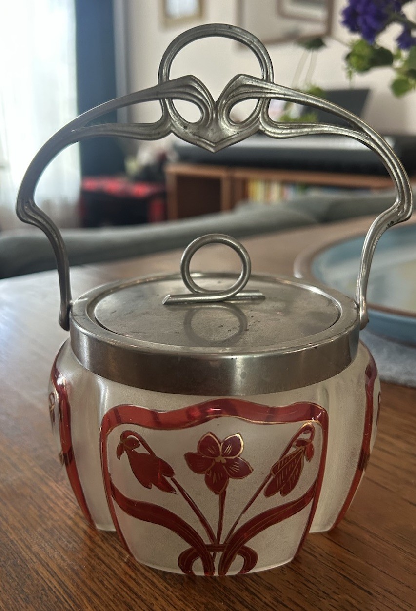 Antique WMF Art Nouveau Biscuit Barrel Jar Ruby Red Glass Jugendstil Ostrich
