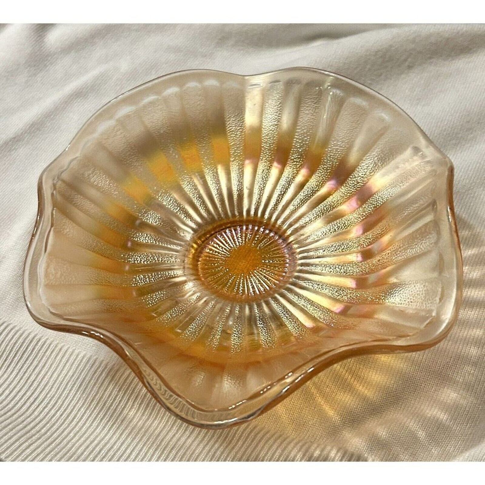 Fenton Stippled Rays/Scale Band Carnival Glass Small Ruffled Bowl, Marigold