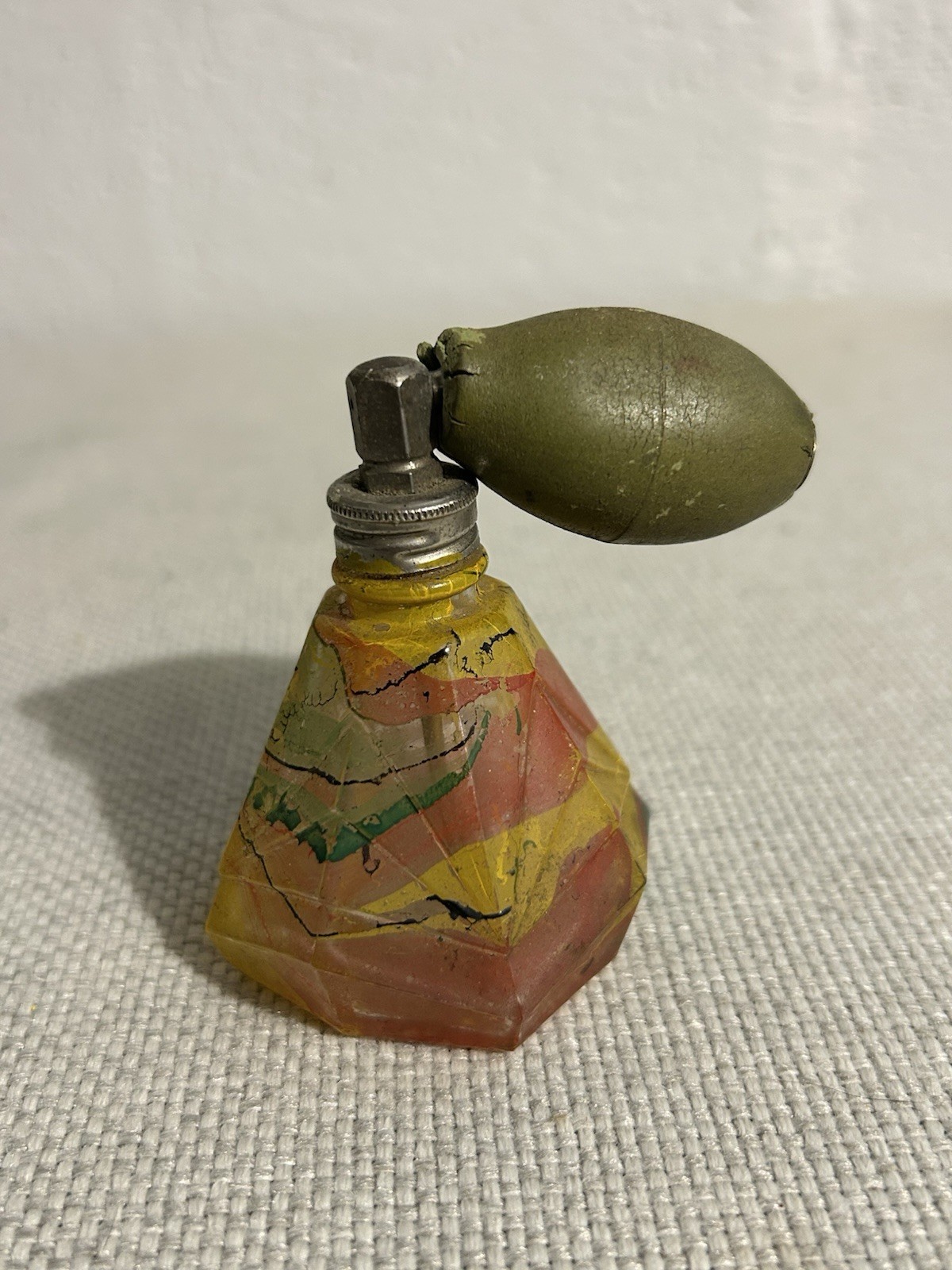 Vintage Art Deco Glass Perfume Atomizer Painted Faceted Bottle Green Bulb 3”