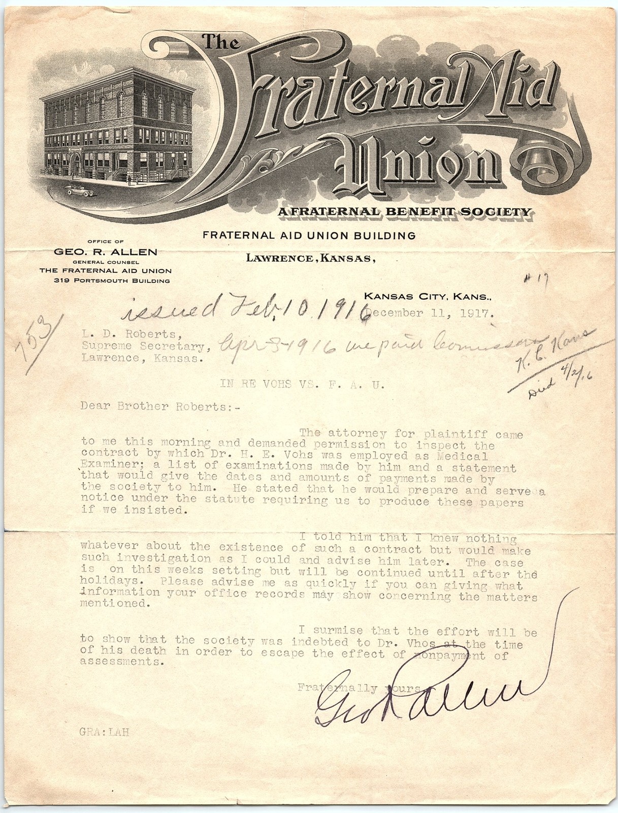 1916-17 Fraternal Aid Union legal letter, Kansas, Dr. Vohs 1916-17 Fraternal Aid Union legal letter, Kansas, Dr. Vohs