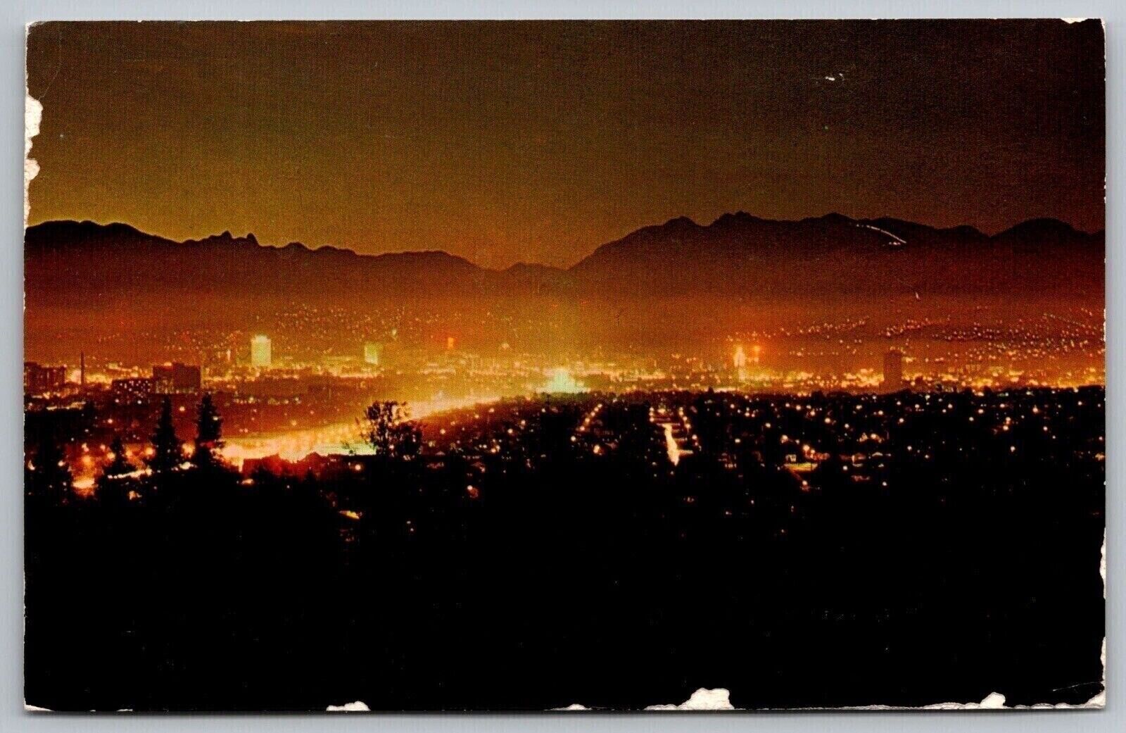 Vancouver British Columbia Nighttime Scenic City Skyline Chrome Postcard