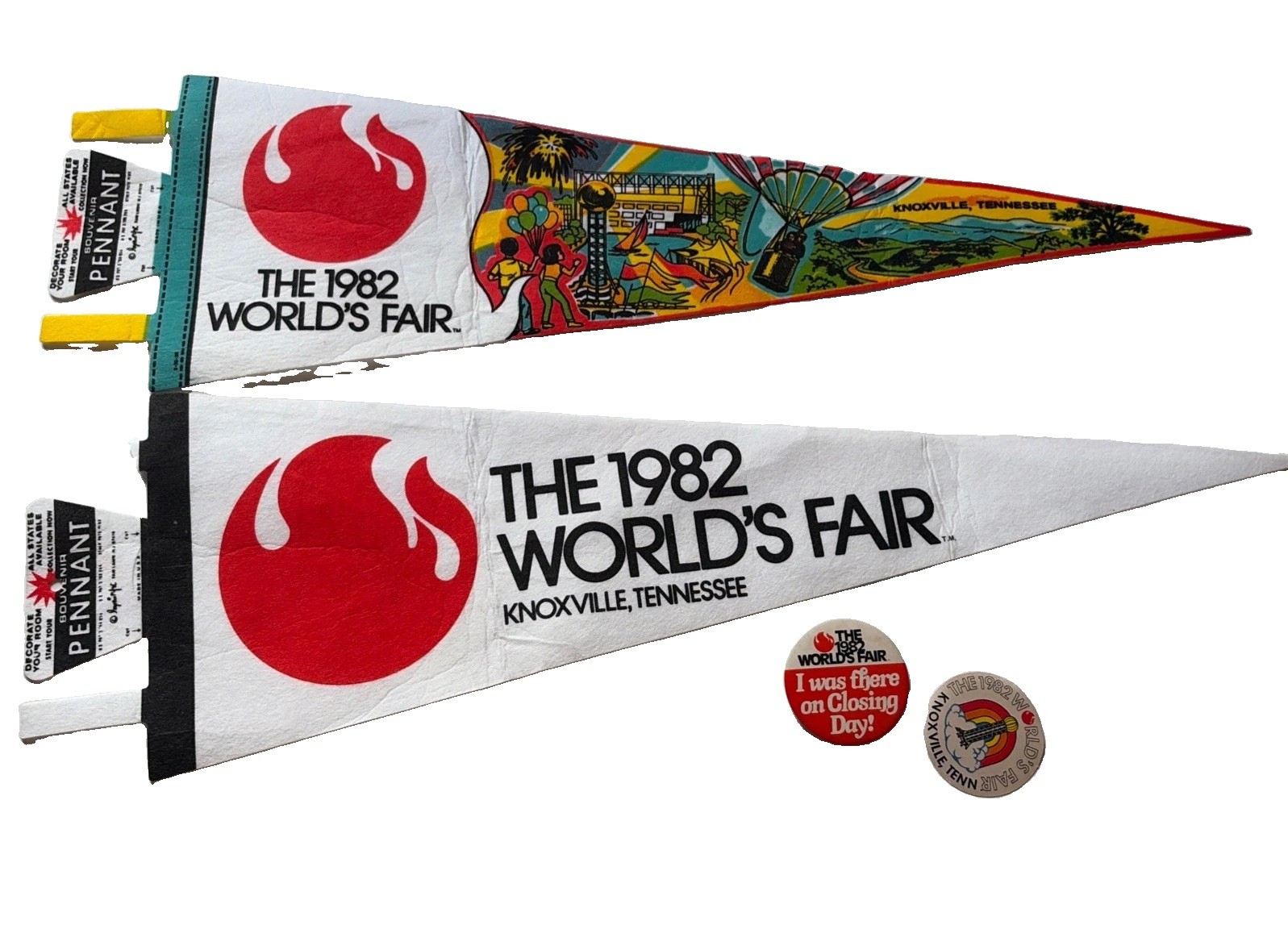 2 Vintage KNOXVILLE Tennessee TN PENNANTS - 1982 WORLD'S FAIR + Button & Sticker